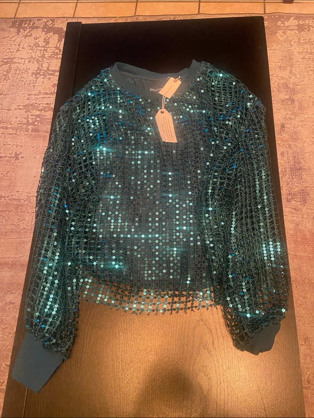 Pilcro Teal Sequin Mesh Pullover